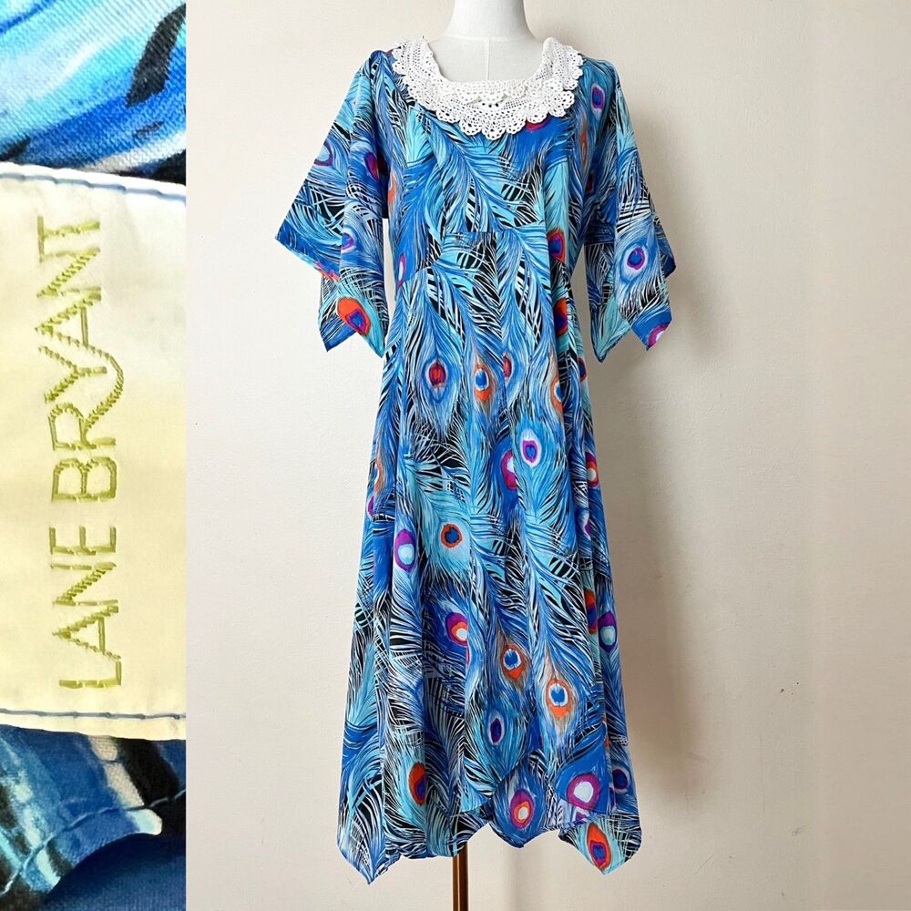 Vintage 70s Lane Bryant Psychedelic Peacock Print Crochet Collar Hostess Dress